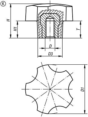 Empuñaduras en estrella de cinco picos de plástico (Duroplast), inserto roscado de acero con rosca interior