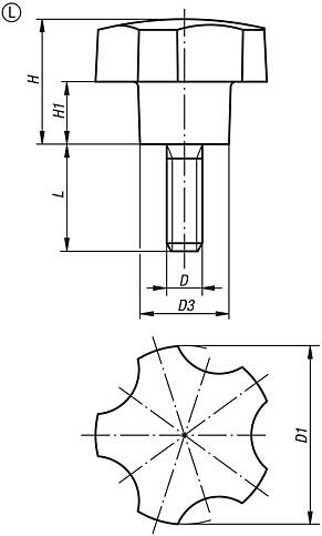 Pomello a lobi in plastica (resina termoindurente), inserto filettato in acciaio con filettatura esterna