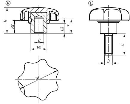 Star grips, plastic, visually detectable with protruding steel bush