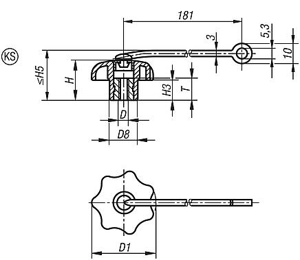 Star grips with safety cable similar to DIN 6336, steel parts stainless steel, internal thread, Form KS