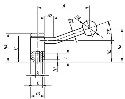 Tension levers stainless steel with internal thread, 20°