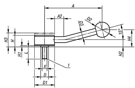 Tension levers flat external thread, stainless steel, 15°