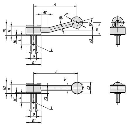 Tension levers flat external thread, stainless steel