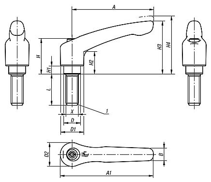 Clamping levers, electropolished or abrasive blasted stainless steel, with external thread, threaded insert stainless steel - inch