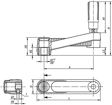 Crank handles with cylindrical revolving grip, with square socket