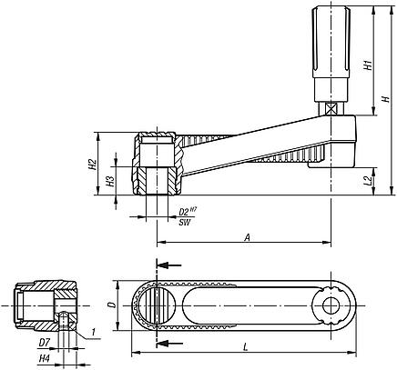 Crank Handles with cylindrical revolving grip, locating hole with slot