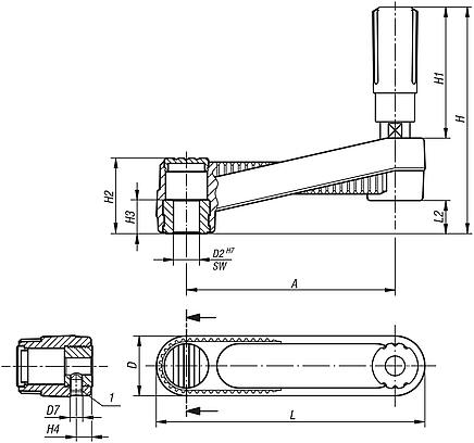 Manivelle avec poignée cylindrique tournante, carré femelle
