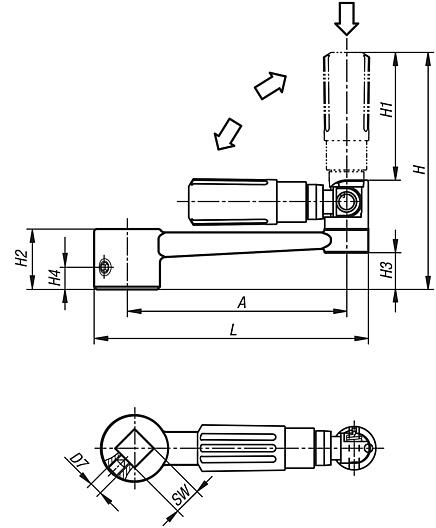 Manivelle en aluminium avec poignée cylindrique de sécurité, avec carré femelle