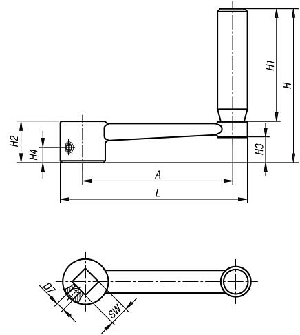 Manivelle inox avec poignée cylindrique tournante avec carré femelle