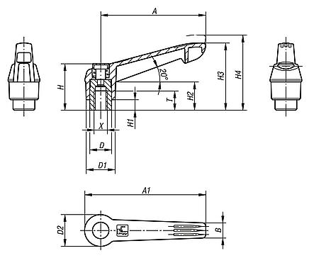 Manette indexable en plastique avec taraudage et bouton-pression, insert taraudé en inox