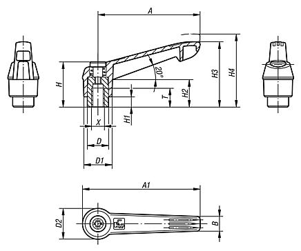 Manettes indexables en plastique, avec taraudage et anneau denté en zinc, insert fileté en acier passivé bleu