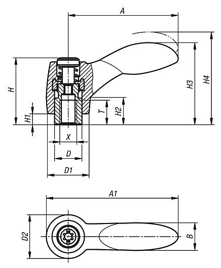 Maniglie a leva 2K con filettatura interna, inserto filettato in acciaio inox - inch