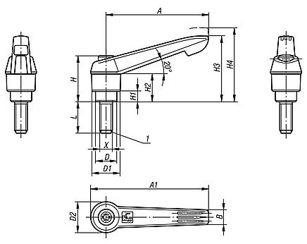 Clamping levers, plastic, antistatic with external thread, threaded insert black oxidised steel