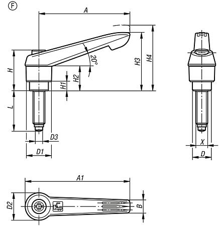 Clamping levers, plastic with external thread and half-dog point, threaded insert black oxidised steel