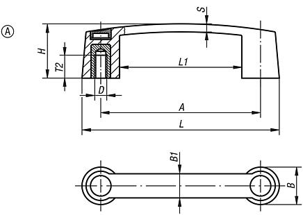 Pull handles, plastic, narrow, mounted from the rear