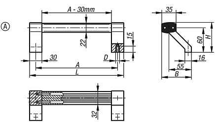 Tubular handles, aluminium with aluminium grip legs, oblique, Form A