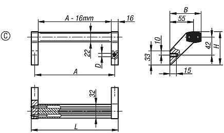 Empuñaduras de tubo de aluminio con punta de empuñadura de aluminio, diagonales, forma C