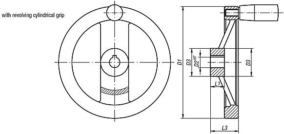 Handwheels 2-spoke, aluminium, flat rim, revolving grip