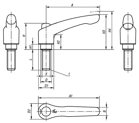 Clamping levers, stainless steel with external thread and protective cap, threaded pin stainless steel