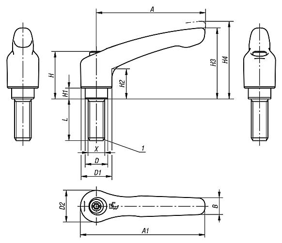 Leva di serraggio in acciaio inox, lucidata elettroliticamente o sabbiata, con filettatura esterna, inserto filettato in acciaio inox
