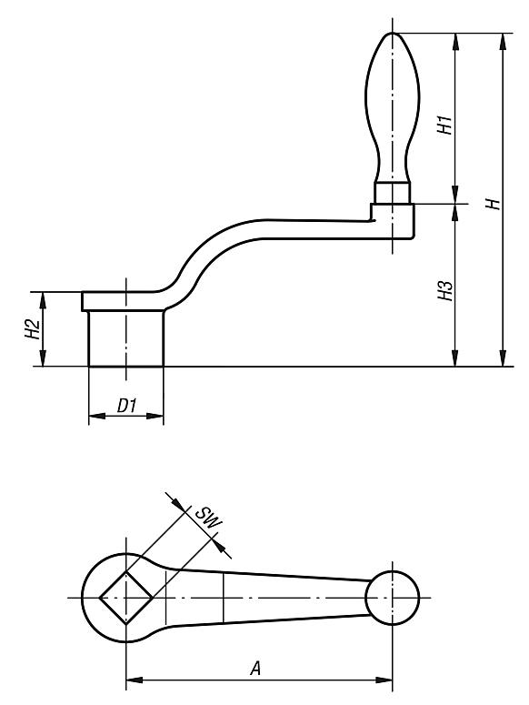 Crank handles offset similar to DIN 468, Form F, with fixed grip