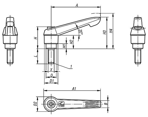 Clamping levers, plastic, with external thread and zinc toothed ring, threaded insert black oxidised steel