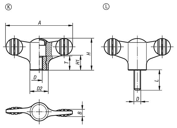 Wing grips, plastic with cap, threaded inserts steel or stainless steel