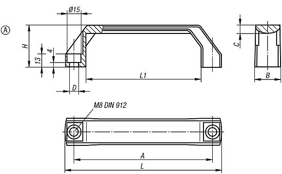 Pull handles, plastic, narrow, slanted both sides, for cap screws