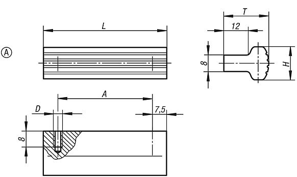 Ledge handles, aluminium, ribbed, T-profile