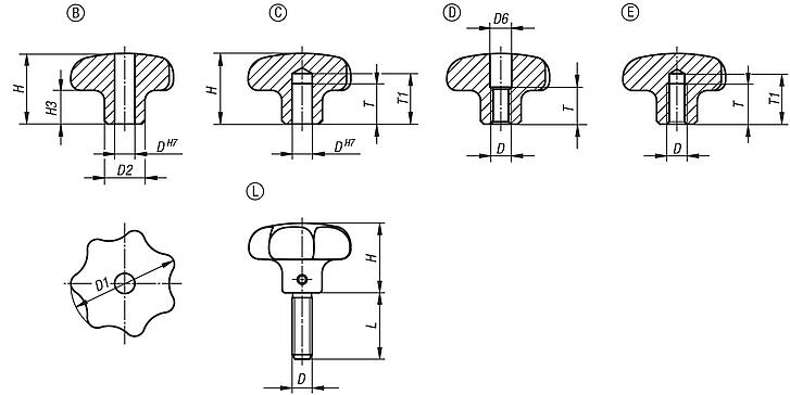 Star grips stainless steel, similar to DIN 6336