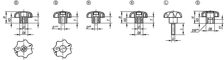 Star grips similar to DIN 6336 