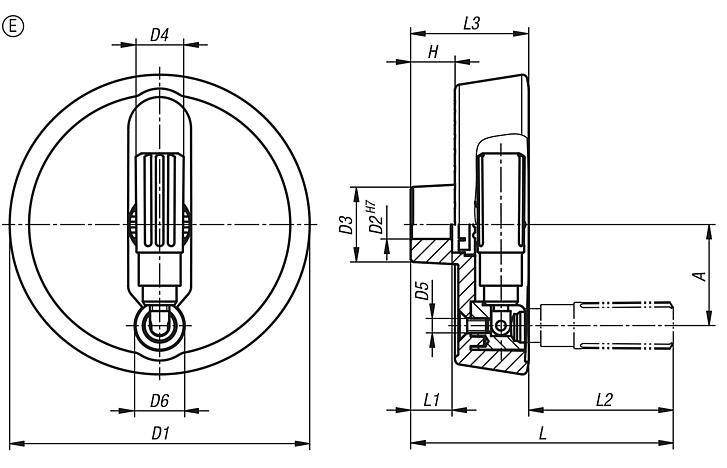 Дисковые маховики из алюминия, с откидной цилиндрической ручкой, форма E, с калибровым отверстием