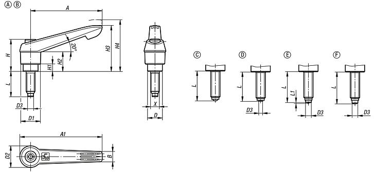 Clamping levers, plastic, with external thread and thrust pad, threaded pin black oxidised steel