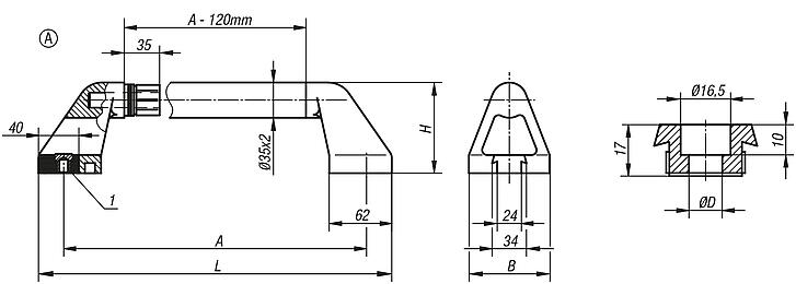 Tubular handles Form A, with screw head counterbore