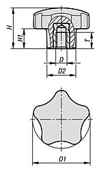 Empuñaduras en estrella de cinco picos de plástico (Duroplast) con rosca interior, inserto roscado de acero o acero inoxidable