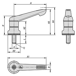 Clamping levers, plastic with external thread and clamping force intensifier, threaded insert black oxidised steel