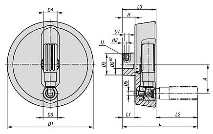 Disc handwheels, aluminium with fold-down cylindrical grip, Form B with reamed hole, keyway and transverse bore