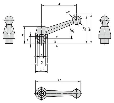 Clamping levers, electropolished stainless steel, with internal thread, threaded insert stainless steel - inch