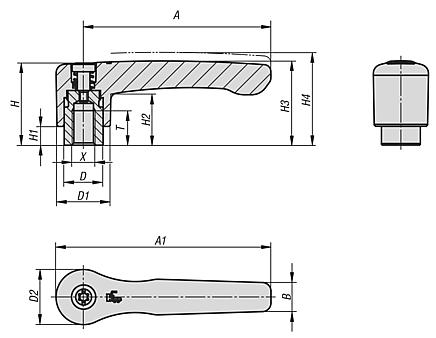 Clamping levers, die-cast zinc, flat with internal thread, threaded insert black oxidised steel