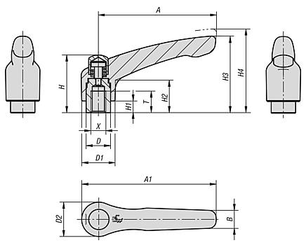 Clamping levers, stainless steel with internal thread and protective cap, threaded insert stainless steel - inch