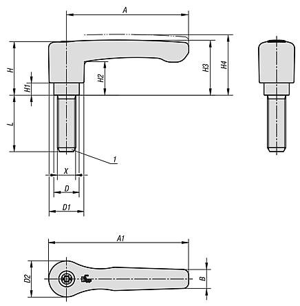 Clamping levers, die-cast zinc, flat with external thread, threaded pin black oxidised steel