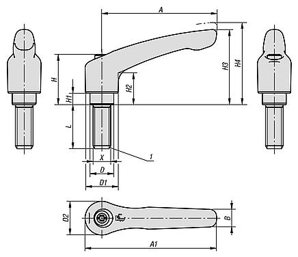 Clamping levers, steel with external thread, threaded pin black oxidised steel