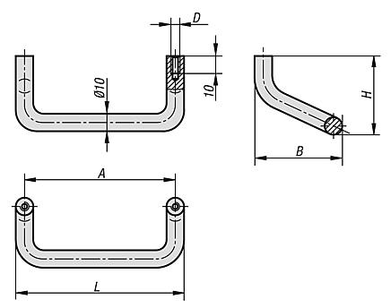 Pull handles, anodised aluminium, rounded angled, round profile Ø10, mounted from the rear