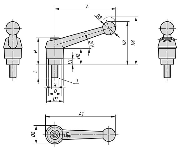 Clamping levers, die-cast zinc with external thread, threaded insert black oxidised steel