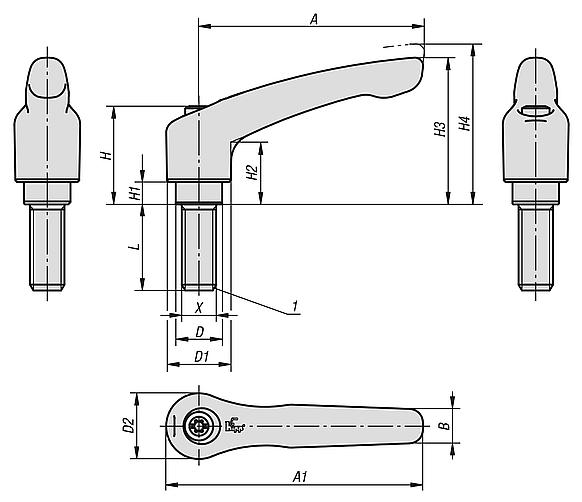 Clamping levers, die-cast zinc with external thread, threaded insert black oxidised steel