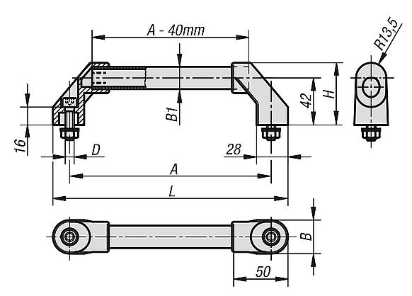Tubular handles, aluminium with plastic grip legs, slanted both sides