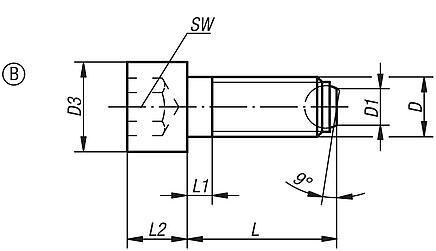 Ball-end thrust screws with head Form B, with flattened ball