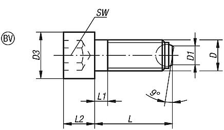 Ball-end thrust screws with head Form BV, flattened ball with rotation lock