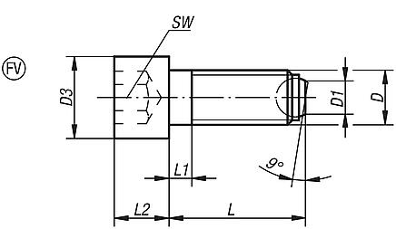 Ball-end thrust screws with head Form FV, flattened and serrated ball with rotation lock