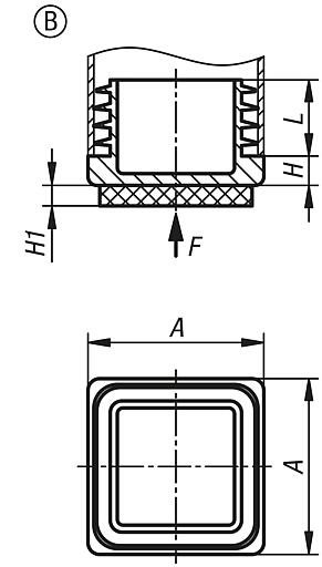 Plugs, plastic with felt glide surface for round and square tubes, Form B, square